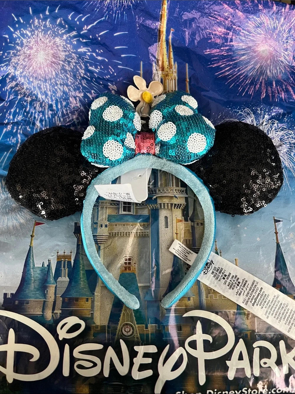 Disney Teal Polka Dot Sequin Minnie Ears Headband with Black Ears